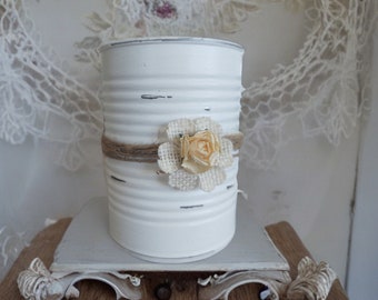 White Shabby Chic Tin Can  - Country Barn Wedding Rustic Table Centerpieces - Decorations Flower Vases Home Office Dorm Nursery Decor Gift