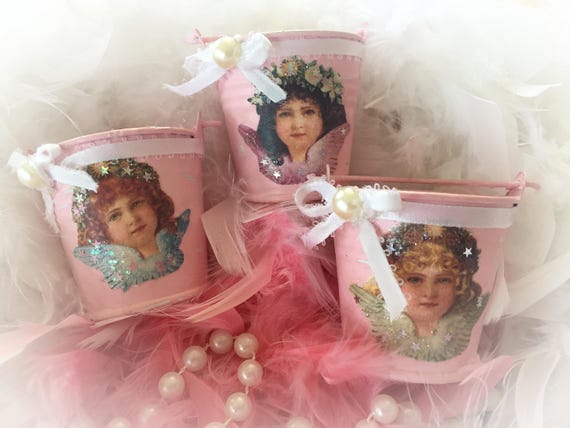 3 Pink Victorian Angels Mini Tins Pails Buckets Christmas Tree