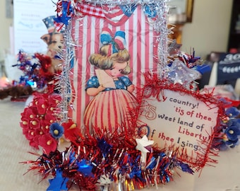 Vintage Inspired Patriotic Little Girl Tart Tin Display | 4th of July Summer BBQ Centerpieces or Tier Tray | Americana Red White & Blue |