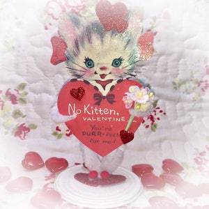 Kitty Valentine's Day Decor Vintage Style Bump Chenille Figure Shabby Chic Paper Doll Figurine Paperdolls Cake Topper Kitten Cat Centerpiece