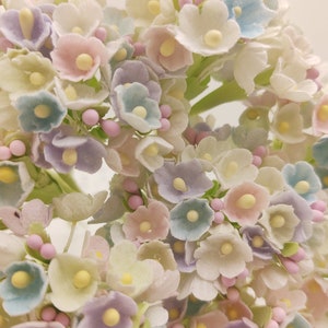 9 mini bouquets of forget me not artificial flowers. Each bouquet has 8 stems and approximately 40 tiny mini flowers total. Colors are pink, lavender, blue and lime/yellow. Flowers are 1/2 inch across and bouquet is 4 inches long. Pastel/Spring mix.