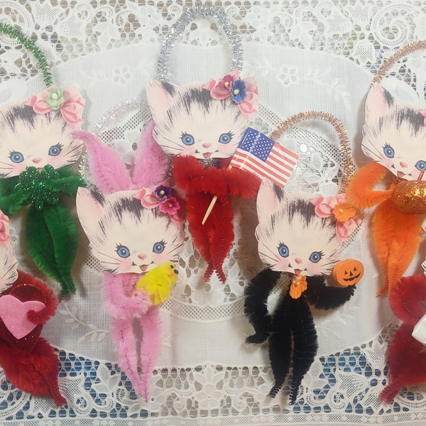 Kitties for all Seasons -Chenille Pipe Cleaner Cats -Kitten Kitty Cats Decor and Ornaments -Kitschy Kitsch Christmas/Valentine Tree Ornament
