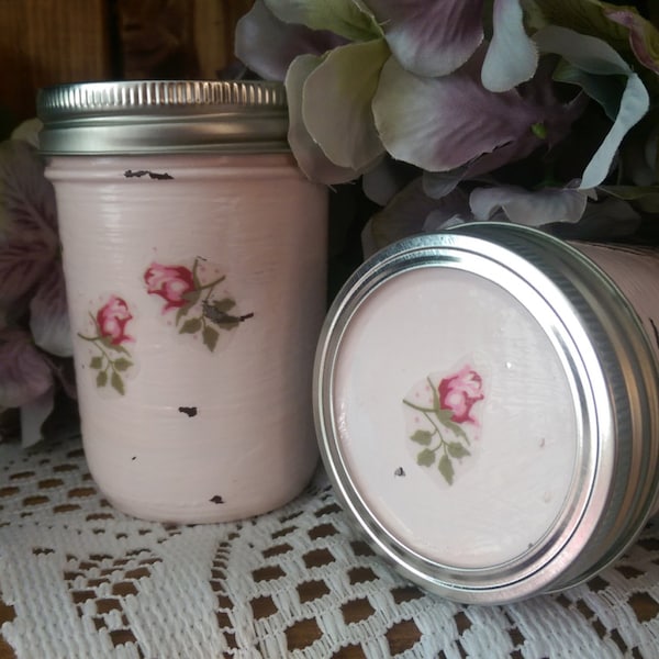 Shabby Chic Painted Mason Jar Vase Decoupage Roses Rosebuds Wedding Bridal Shower Centerpiece Home Dorm Office Vanity Bathroom Boudoir Decor