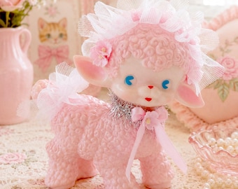 Retro Vintage Inspired PINK RUBBER LAMB - Squeaky Toy - Decorative Purposes Only -Kawaii Kitsch Home Decor or One Of A Kind Gift