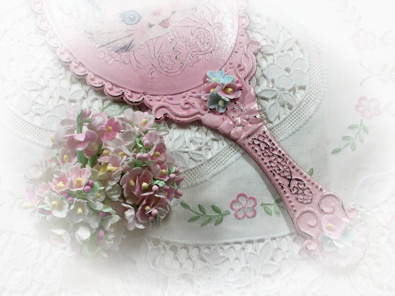 Pink Vanity Handheld Mirror Kitty Cat Kitten Vintage Retro Style Boudoir Decor Decoration Shabby Chic Hand Held Princess Mirror Gift image 6