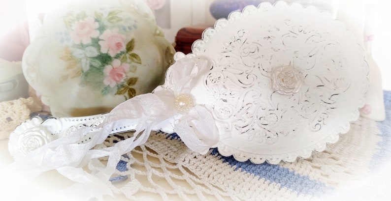 Shabby Chic Vanity Handheld Mirror Vintage Style Boudoir Decor Victorian Inspired Decorations Hand Held Princess Blue Ivory White Pink Gift image 7