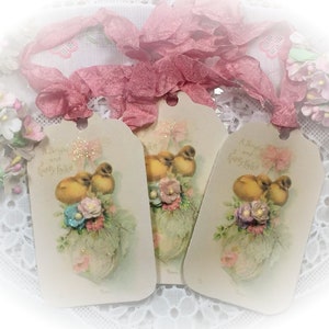 6 Vintage Easter Handmade Gift Bag Tags/Cards & Vintage Ribbons Retro Art Tags Shabby Chic Journal Scrapbook Card Bookmarks Gift