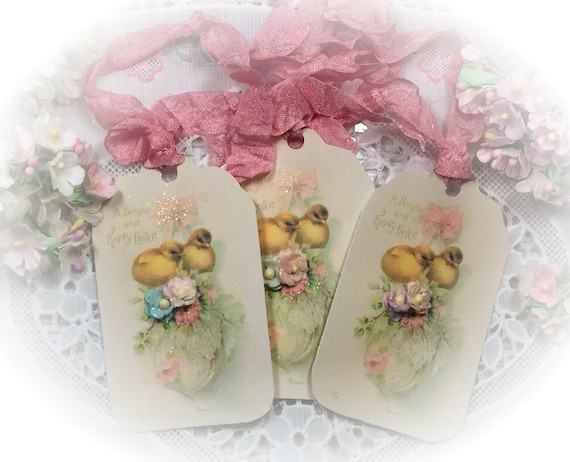 6 Vintage Easter Handmade Gift Bag Tags/Cards & Vintage Ribbons Retro Art Tags Shabby Chic Journal Scrapbook Card Bookmarks Gift Il_570xn