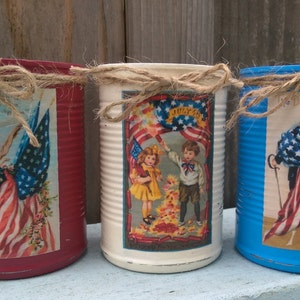 3 Americana Primitive Tin Cans Vases Shabby Chic Rustic Farmhouse Patriotic Flag Labor Memorial Day 4th of July 4 Red White Blue Centerpiece Bild 1