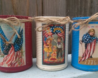 3 Americana Primitive Tin Cans Vases Shabby Chic Rustic Farmhouse Patriotic Flag Labor Memorial Day 4th of July 4 Red White Blue Centerpiece