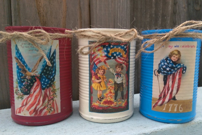 3 Americana Primitive Tin Cans Vases Shabby Chic Rustic Farmhouse Patriotic Flag Labor Memorial Day 4th of July 4 Red White Blue Centerpiece Bild 1