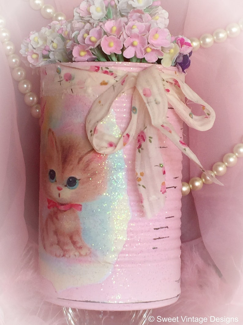 KITTY CAT Vintage Kitten Tin Can Vase Centerpiece Table Decor Baby Shower Birthday Party Nursery Decor Kitschy Gender Reveal Pink or Blue image 4