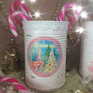 Christmas Barely Pink White Lace Shabby Chic Tin Can Vase Centerpiece Decorations Xmas Decor Paint Decoupage Decorated Embellished Gift Box image 3