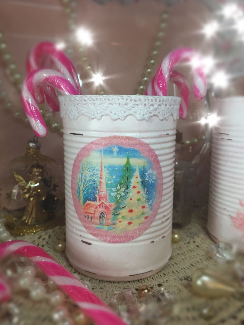 Christmas Barely Pink White Lace Shabby Chic Tin Can Vase Centerpiece Decorations Xmas Decor Paint Decoupage Decorated Embellished Gift Box image 3