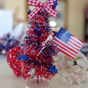 Patriotic Red Bottle Brush Tree | Red White & Blue Decor | 4th of July Summer Holiday Tier Tray Item | Table Decor Patriotic Christmas Tree