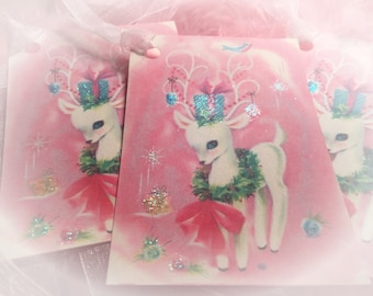Set of 9 Pink Fawn Christmas Vintage Style Adorable Reindeer Deer TAGS Pink Ribbons for Gift Bag/Ornament/Tags Shabby Chic Retro Mid Century