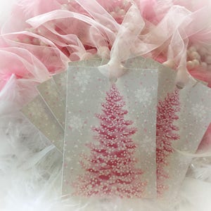 Set of 9 Pink Christmas Tree and Pink Ribbon Gift Bag Art Tags Ornaments Shabby Chic Retro Vintage Style Greeting Card Sweet Vintage Designs