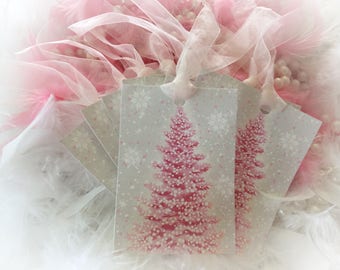 Set of 9 Pink Christmas Tree and Pink Ribbon Gift Bag Art Tags Ornaments Shabby Chic Retro Vintage Style Greeting Card Sweet Vintage Designs