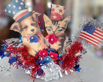 Vintage Inspired Victorian Patriotic Dog & Cat Tart Tin Display | 4th of July Summer Centerpiece or Tier Tray | Americana Red White Blue