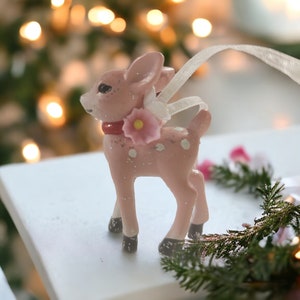 Pink Retro Deer - Pink Christmas Reindeer Tree OR Shelf Ornament - Vintage Style Ornament - Sweet Vintage Design -Gift Idea Stocking Stuffer