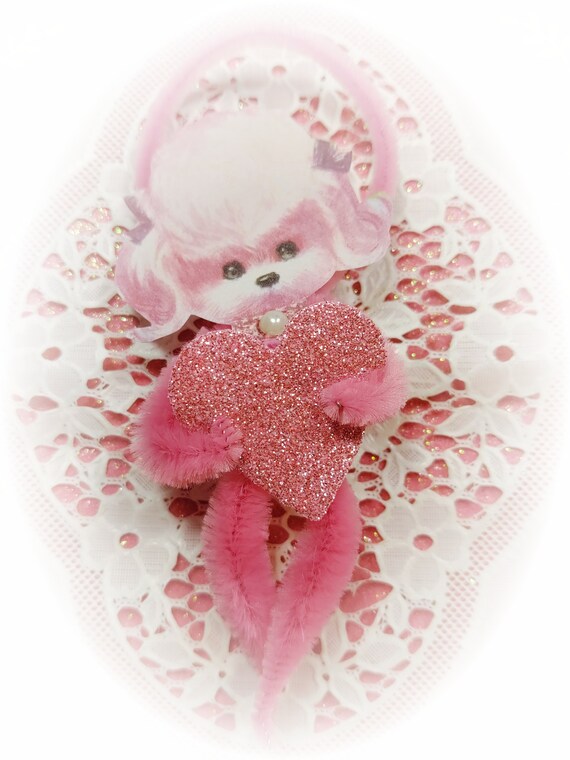 Pink Poodle Chenille Vintage Style Valentines Day Ornaments - Christmas Tree Decoration - Dog Doggy Puppy Pipe Cleaner Ornament Gift Topper Il_570xn