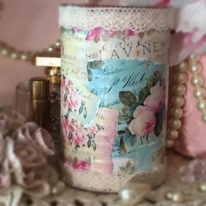 So Romantic Shabby Chic Decorated Embellished Tin Can Collage Decoupage Paris French Labels Vase Table Decor Wedding Centerpiece Pastel Lace