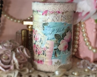 So Romantic Shabby Chic Decorated Embellished Tin Can Collage Decoupage Paris French Labels Vase Table Decor Wedding Centerpiece Pastel Lace