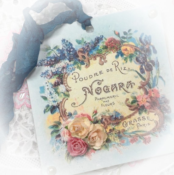 3 French Handmade Gift Bag Tags/Cards & Ribbons - PARIS PERFUME LABELS - Shabby Chic Journal Scrapbook Bookmark Housewarming Hostess Gift Il_570xn