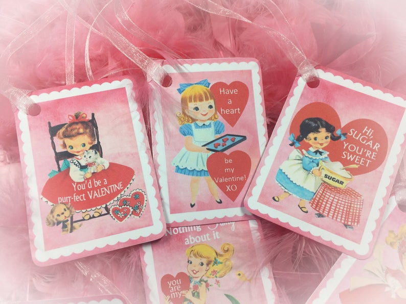 9 Pink Valentine's Day Decor Tags/Cards AND 9 Ribbons Vintage Retro 1940s/1950s Children Kids Little Girl Gift Bag Art Tag Shabby Chic Card image 6