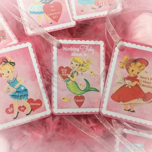 9 Pink Valentine's Day Decor Tags/Cards AND 9 Ribbons Vintage Retro 1940s/1950s Children Kids Little Girl Gift Bag Art Tag Shabby Chic Card image 7