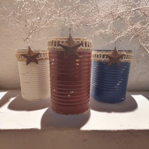 3 Rustic Americana Farmhouse Painted Tin Can Caddy Set Rusty Star & Removable Twine/Jute Patriotic Decoration 4th of July Independence Day image 3