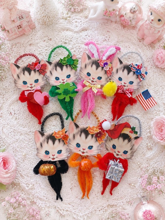 Kitties for all Holidays / Seasons Chenille Pipe Cleaner Cats - Kitten Decor and Ornaments - Kitschy Kitsch Christmas Valentine Gift Topper