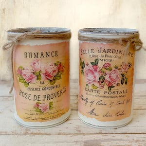 2 Pc Shabby Chic French Country Ivory Tin Cans CottageCore | Table Centerpieces | Home Dorm Decor Gift Sweet Vintage Designs afbeelding 2