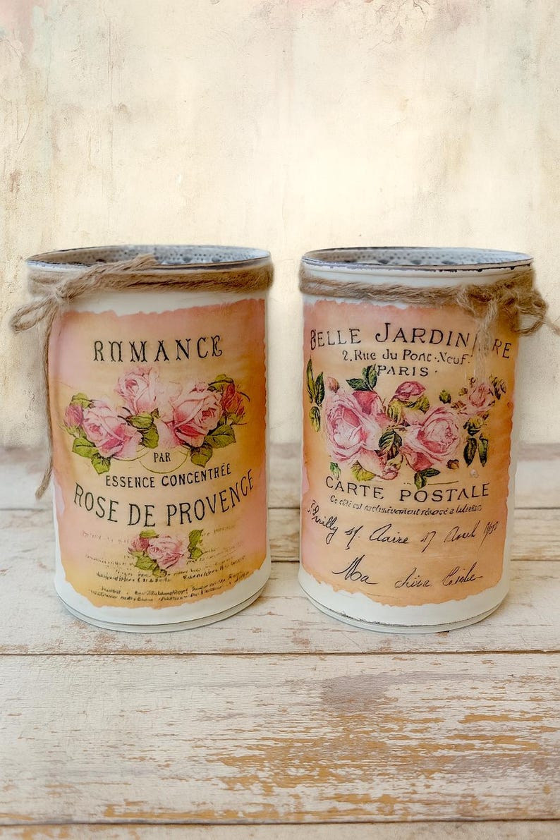 2 Pc Shabby Chic French Country Ivory Tin Cans CottageCore | Table Centerpieces | Home Dorm Decor Gift Sweet Vintage Designs afbeelding 2