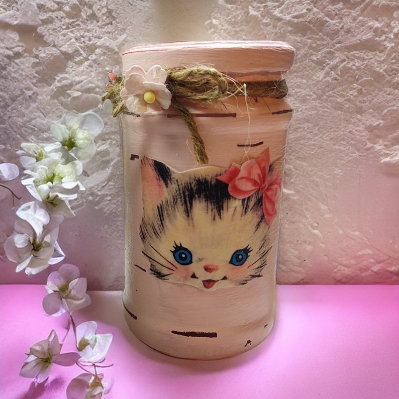 Vintage Kitty Glass Jar Whimsical Kitschy Kitsch Decor Vintage Style Retro Decor Shabby Chic Vanity Desk Bathroom Storage Gift Idea image 2