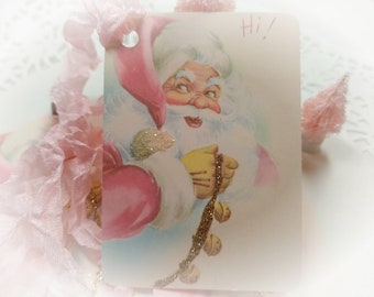 Fancy Pink Santa Claus Christmas Gift Tags and Ribbon Set - Shabby Chic Christmas - Father Christmas Xmas Gift Toppers - Christmas Cards