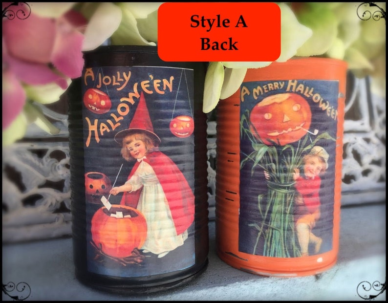 2 Halloween Black & Orange Painted Tin Cans Vintage Halloween Decor VICTORIAN KIDS Vases Decoration Table Centerpieces Pumpkin Party Favor image 4