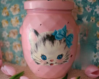 Vintage Kitty Pink/Peach Glass Jar - Whimsical Kitschy Kitsch Salmon Coral Decor Retro Decor Shabby Chic - Vanity Desk Bathroom Storage Gift