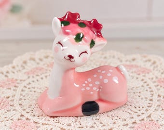 Pink Christmas Deer Miniature Ceramic Fawn Figurine, Tiny Woodland Deer Decor, Kitsch Collectible, Cottagecore Shelf Accent Shabby Chic Mini