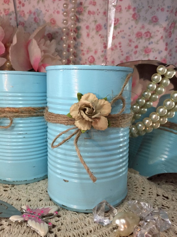 Shabby Chic Blue Tin Can Desk Vanity Set Table Centerpiece Home Dorm Nursery Decor Rustic Decorated Turquoise Jute Paper Flowers Il_570xn