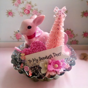Pink Deer Valentine/Christmas Vintage Style Ornament - Reindeer & Bottle Brush Tart Tin Kitschy Kitsch Decor - Shabby Chic Decorations- Gift
