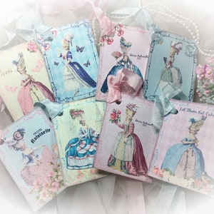 8 Marie Antoinette Handmade Gift Bag Tags/Cards & Ribbons Vintage Retro Art Tags Shabby Chic Journal Scrapbook Card Bookmarks Teacher Gift