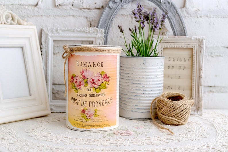 2 Pc Shabby Chic French Country Ivory Tin Cans CottageCore | Table Centerpieces | Home Dorm Decor Gift Sweet Vintage Designs afbeelding 3