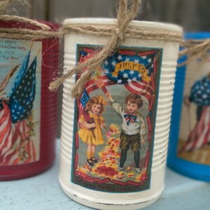 3 Americana Primitive Tin Cans Vases Shabby Chic Rustic Farmhouse Patriotic Flag Labor Memorial Day 4th of July 4 Red White Blue Centerpiece Bild 3