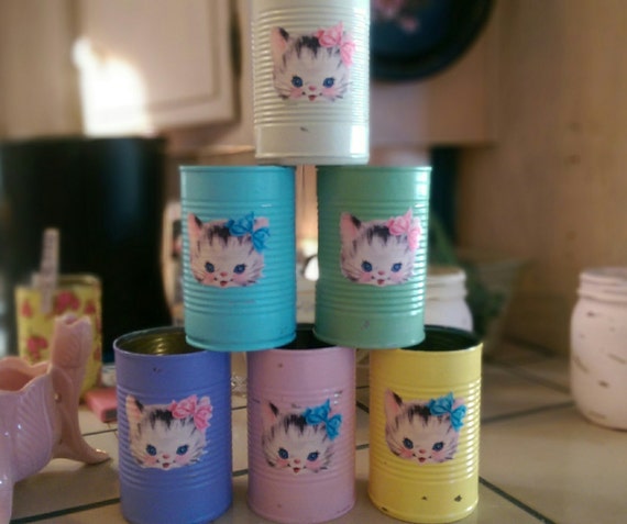 6 Kitty Cat Retro Vintage Kitten Shabby Chic Painted Can Vase