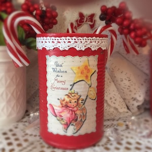 Shabby Chic Retro Angel Christmas Tin Can / Vase / Tier Tray Decor /  Chippy Red with Decoupage Vintage Style Graphic Cute Gift Idea Teacher