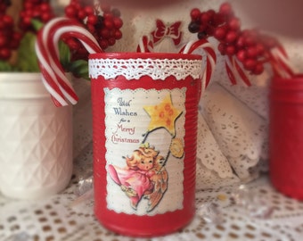 Angel Shabby Chic Retro Tin Can Vase Christmas Decor Kitschy Handpainted Red White Lace Decoupage Vintage Xmas Decoration Table Centerpiece