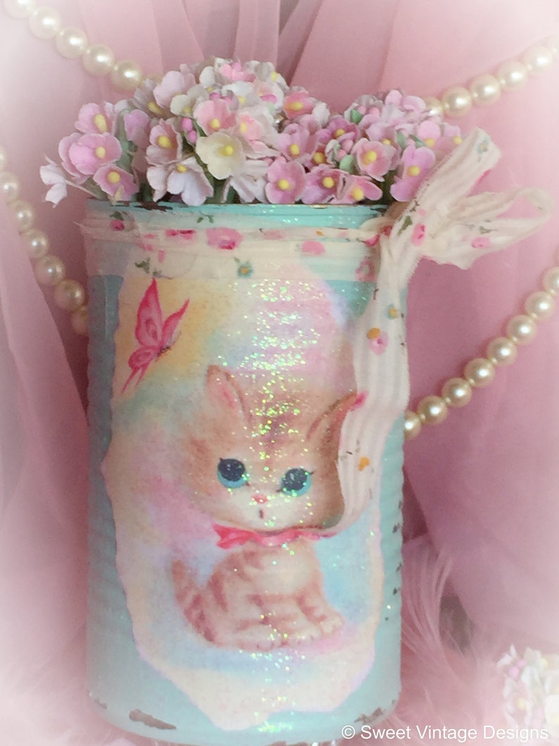 KITTY CAT Vintage Kitten Tin Can Vase Centerpiece Table Decor Baby Shower Birthday Party Nursery Decor Kitschy Gender Reveal Pink or Blue image 5