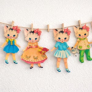 Vintage Kitty Cat Kitten Paper Doll Garland Banner Bunting Shabby Chic Kitschy Kitsch Nursery Decor Birthday Paperdoll  Party Decorations