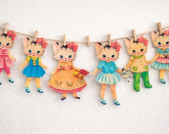 Vintage Kitty Cat Kitten Paper Doll Garland Banner Bunting Shabby Chic Kitschy Kitsch Nursery Decor Birthday Paperdoll  Party Decorations